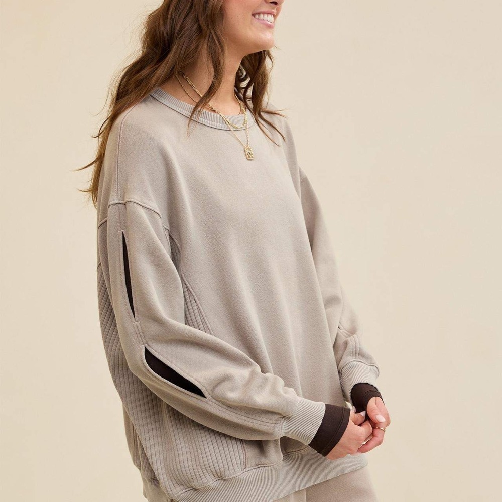 Aerie Oversized Crewneck Sweatshirt Beige Medium Ribbed Slit Sleeve Pullover